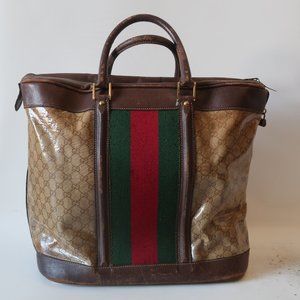 WOMENS GUCCI BROWN TAN GG MONOGRAM BOSTON WEB STRIPE LEATHER PVC TRAVEL …